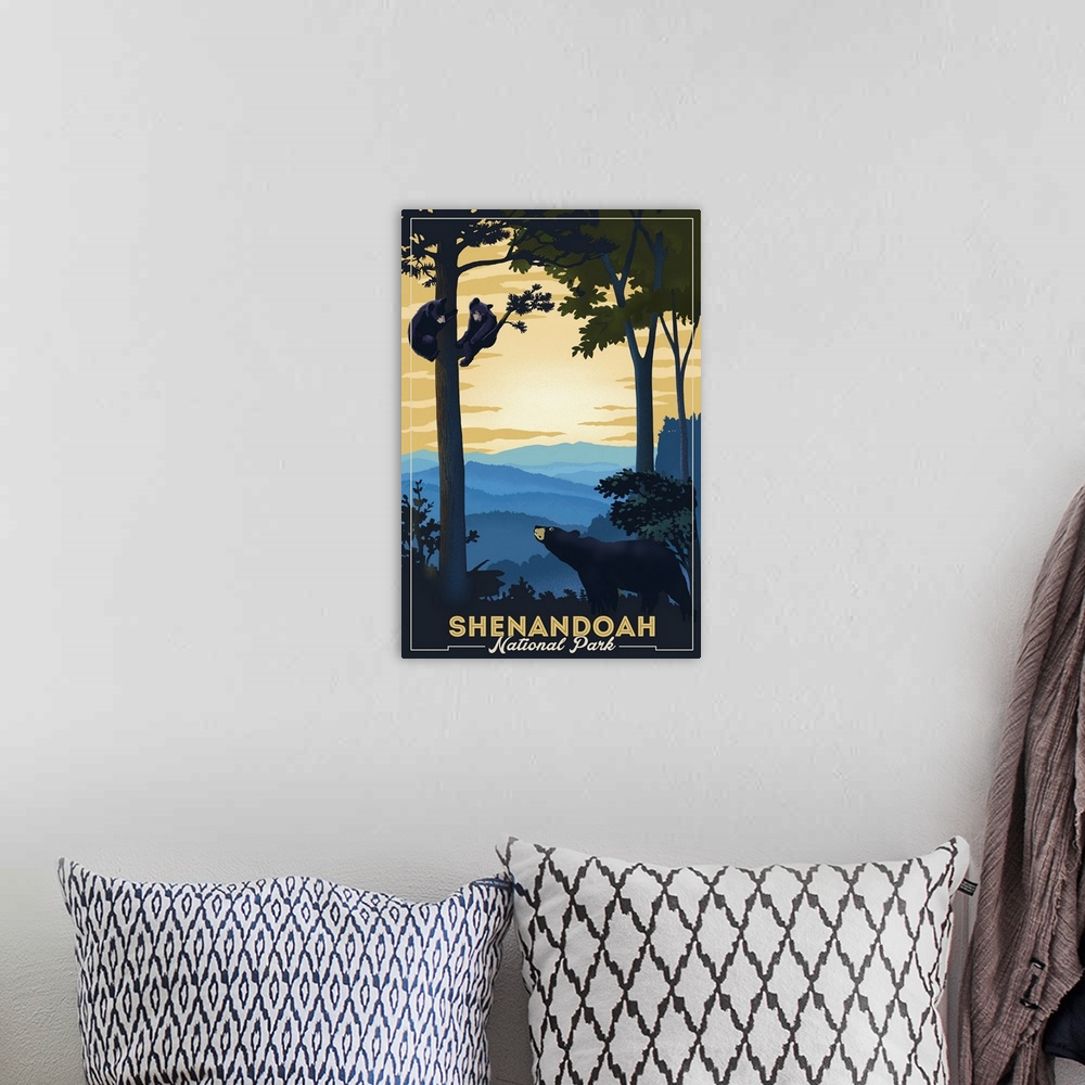 A bohemian room featuring Shenandoah National Park, Bear With Cubs: Retro Travel Poster