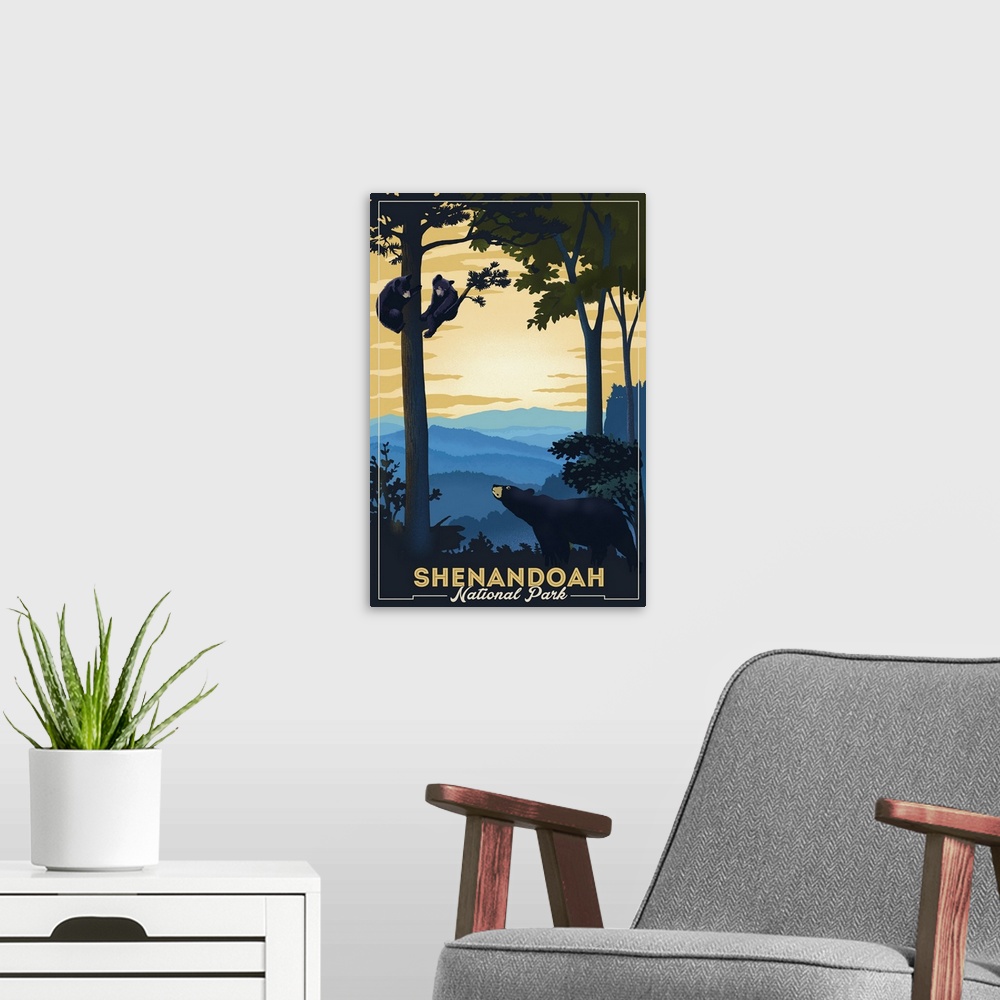 A modern room featuring Shenandoah National Park, Bear With Cubs: Retro Travel Poster