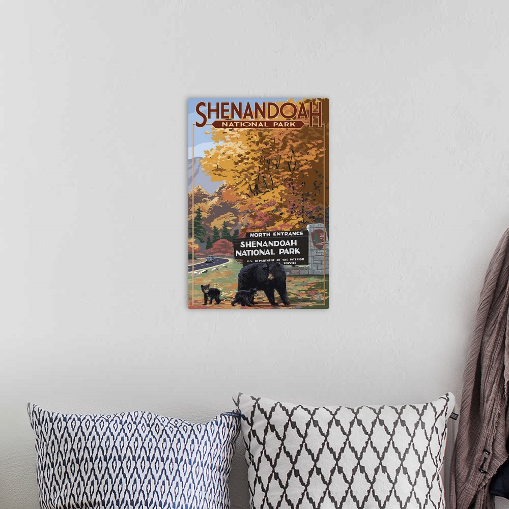 A bohemian room featuring Shenandoah National Park, Virginia - Black Bear and Cubs: Retro Travel Poster
