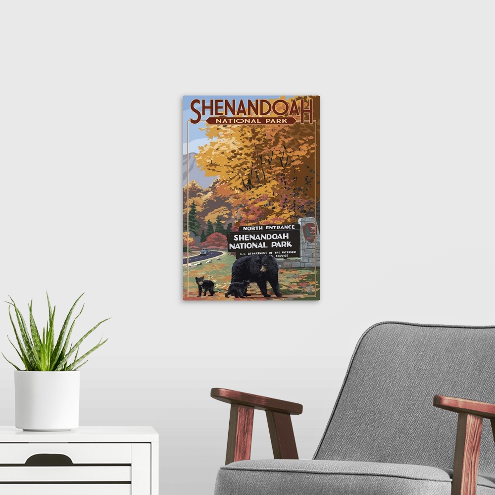 A modern room featuring Shenandoah National Park, Virginia - Black Bear and Cubs: Retro Travel Poster