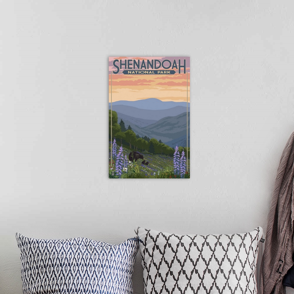 A bohemian room featuring Shenandoah National Park, Virginia - Black Bear and Cubs: Retro Travel Poster