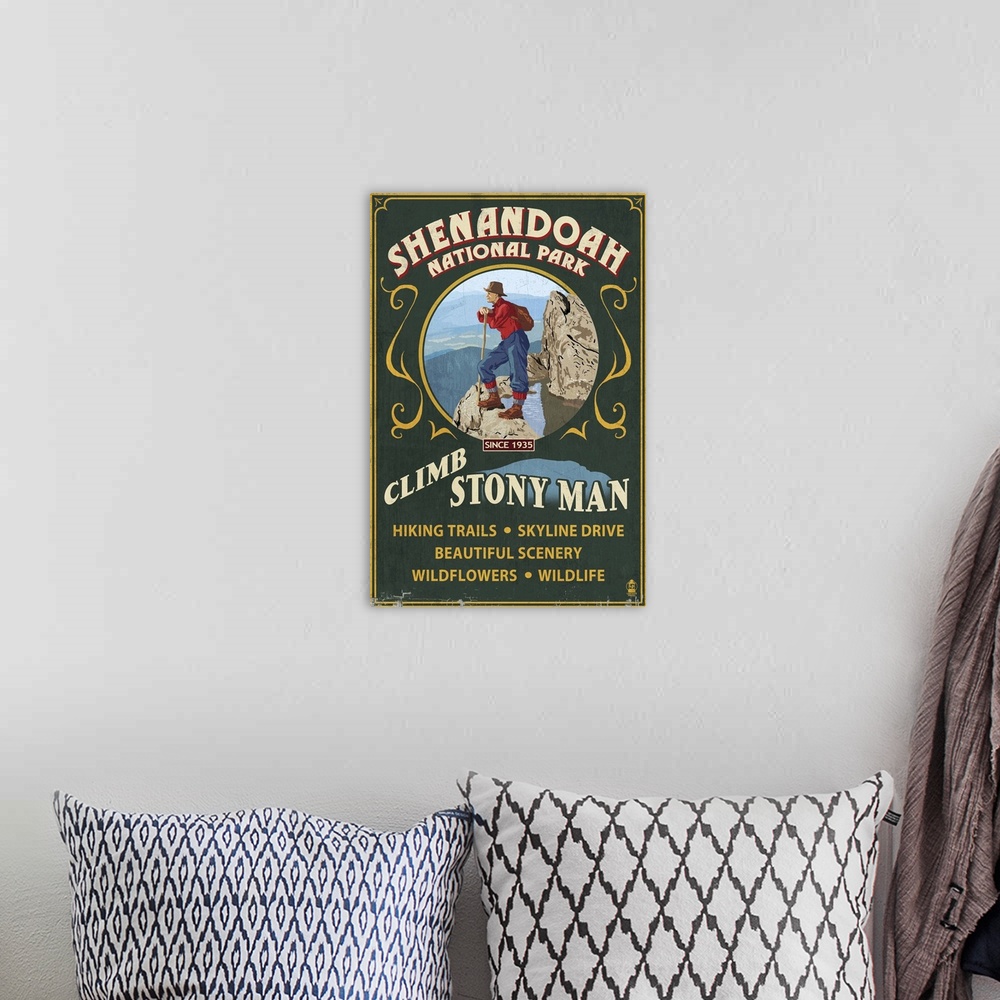 A bohemian room featuring Shenandoah National Park, Virginia - Climb Stony Man Vintage Sign: Retro Travel Poster