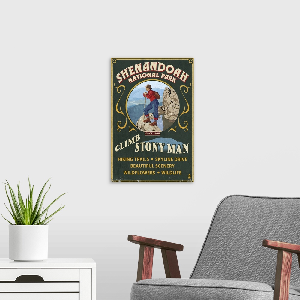 A modern room featuring Shenandoah National Park, Virginia - Climb Stony Man Vintage Sign: Retro Travel Poster
