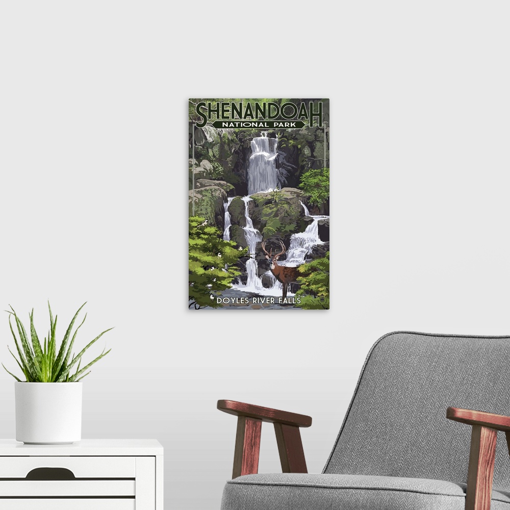 A modern room featuring Shenandoah National Park, Virginia - Doyles River Falls: Retro Travel Poster