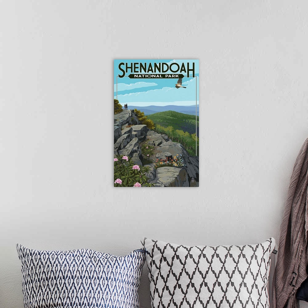 A bohemian room featuring Shenandoah National Park, Virginia - Hikers and Hawk: Retro Travel Poster