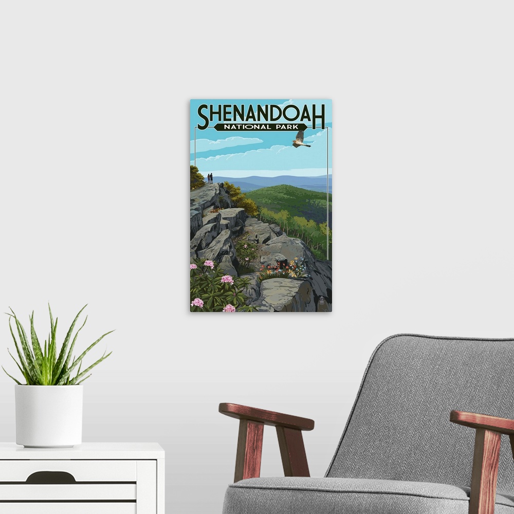 A modern room featuring Shenandoah National Park, Virginia - Hikers and Hawk: Retro Travel Poster