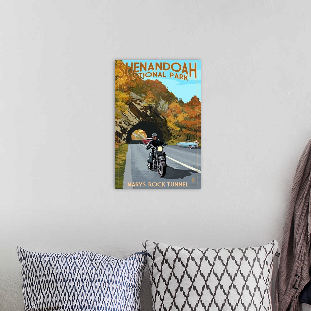 A bohemian room featuring Shenandoah National Park, Virginia - Marys Rock Tunnel Motorcycle: Retro Travel Poster