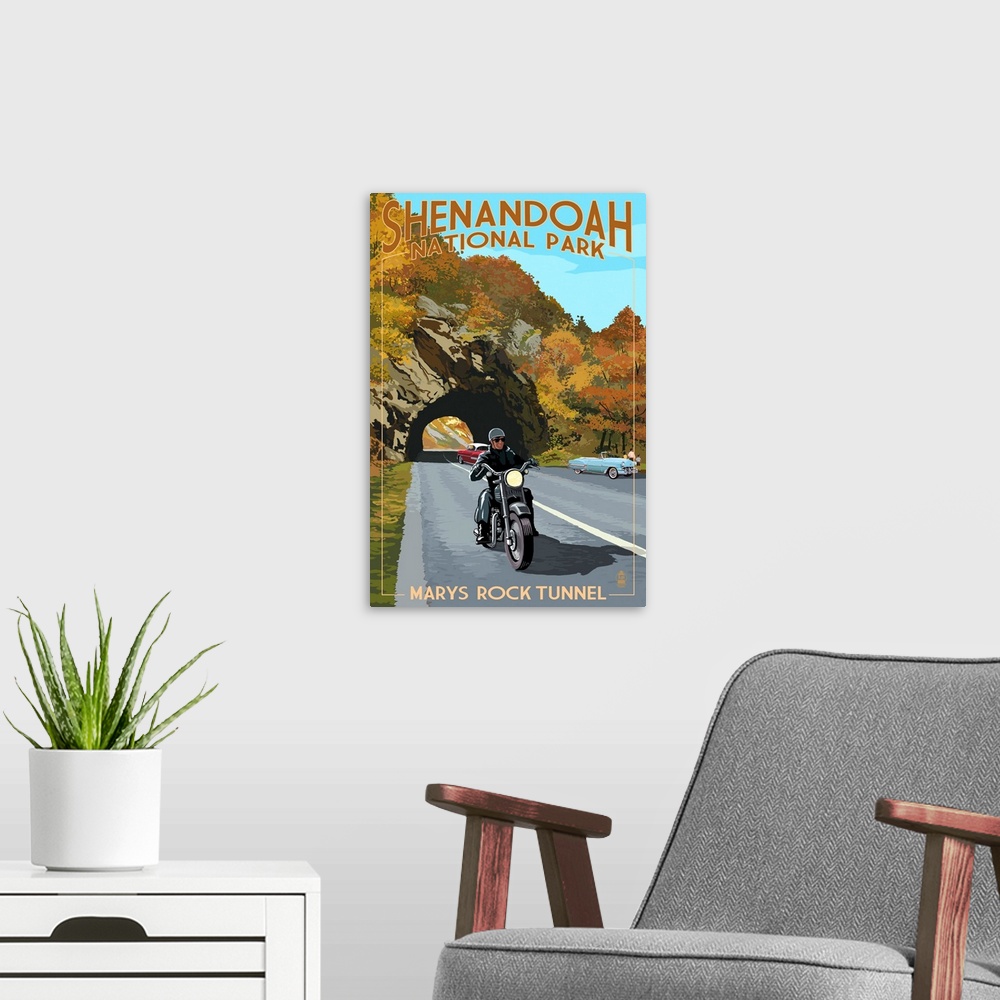 A modern room featuring Shenandoah National Park, Virginia - Marys Rock Tunnel Motorcycle: Retro Travel Poster