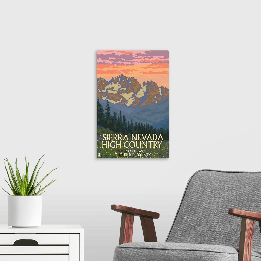 A modern room featuring Sierra Nevada High Country - Sonora Pass, California: Retro Travel Poster