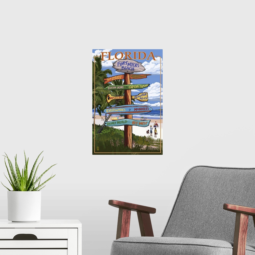 A modern room featuring Retro stylized art poster of a sign post showing multiple directions.