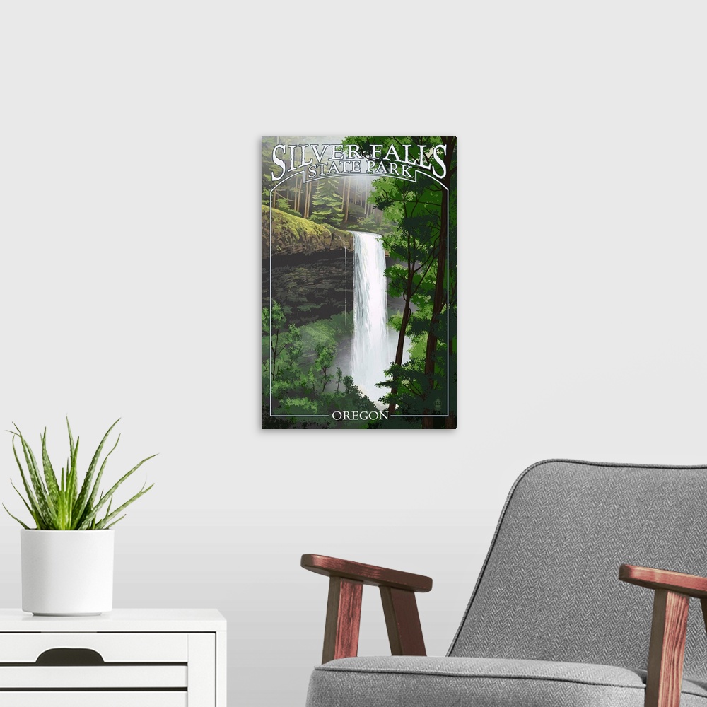 A modern room featuring Silver Falls State Park, Oregon - South Falls: Retro Travel Poster