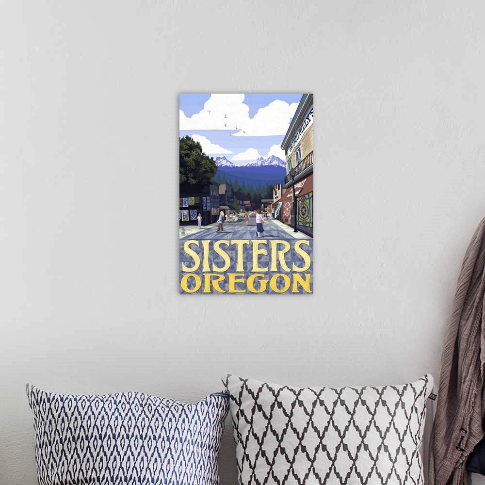 A bohemian room featuring Sisters, Oregon - Town Scene and Mountains Quilt Design: Retro Travel Poster