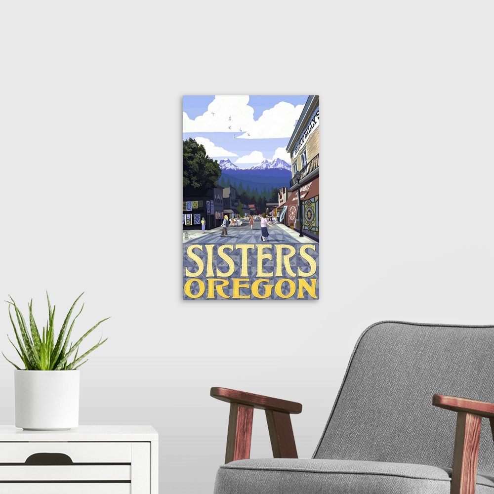 A modern room featuring Sisters, Oregon - Town Scene and Mountains Quilt Design: Retro Travel Poster