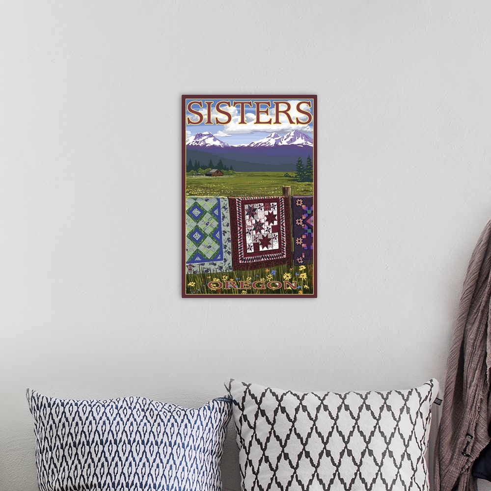 A bohemian room featuring Sisters, Oregon View with Quilts on Fence: Retro Travel Poster