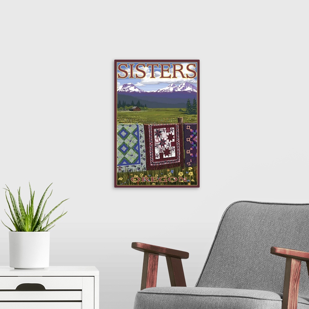 A modern room featuring Sisters, Oregon View with Quilts on Fence: Retro Travel Poster