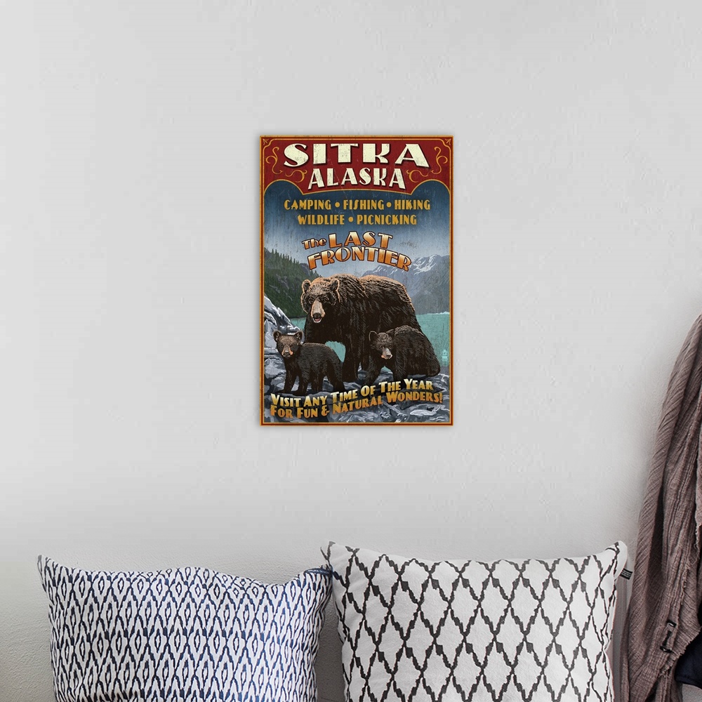 A bohemian room featuring Sitka, Alaska, Black Bear Family Vintage Sign