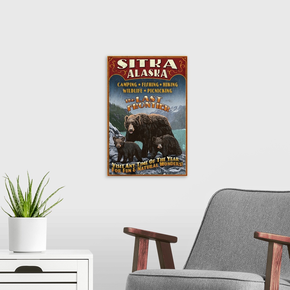 A modern room featuring Sitka, Alaska, Black Bear Family Vintage Sign