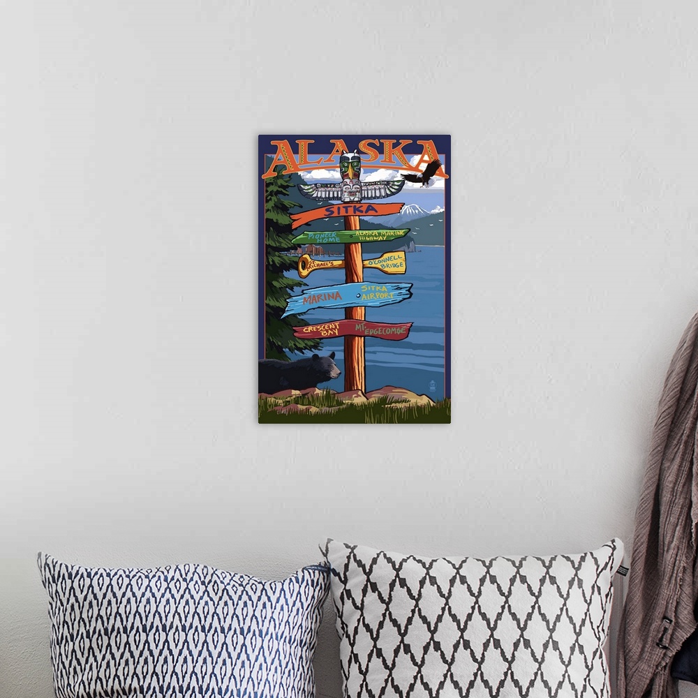 A bohemian room featuring Sitka, Alaska - Destination Sign: Retro Travel Poster