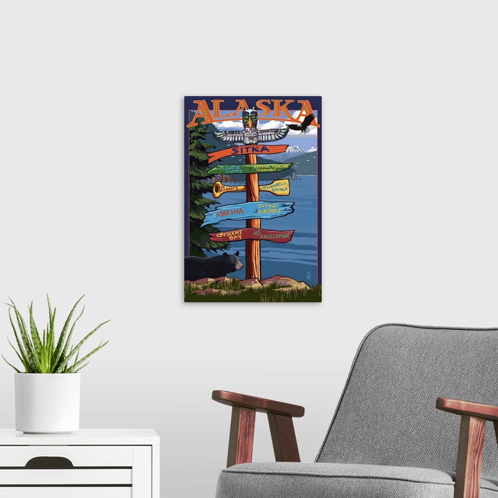A modern room featuring Sitka, Alaska - Destination Sign: Retro Travel Poster