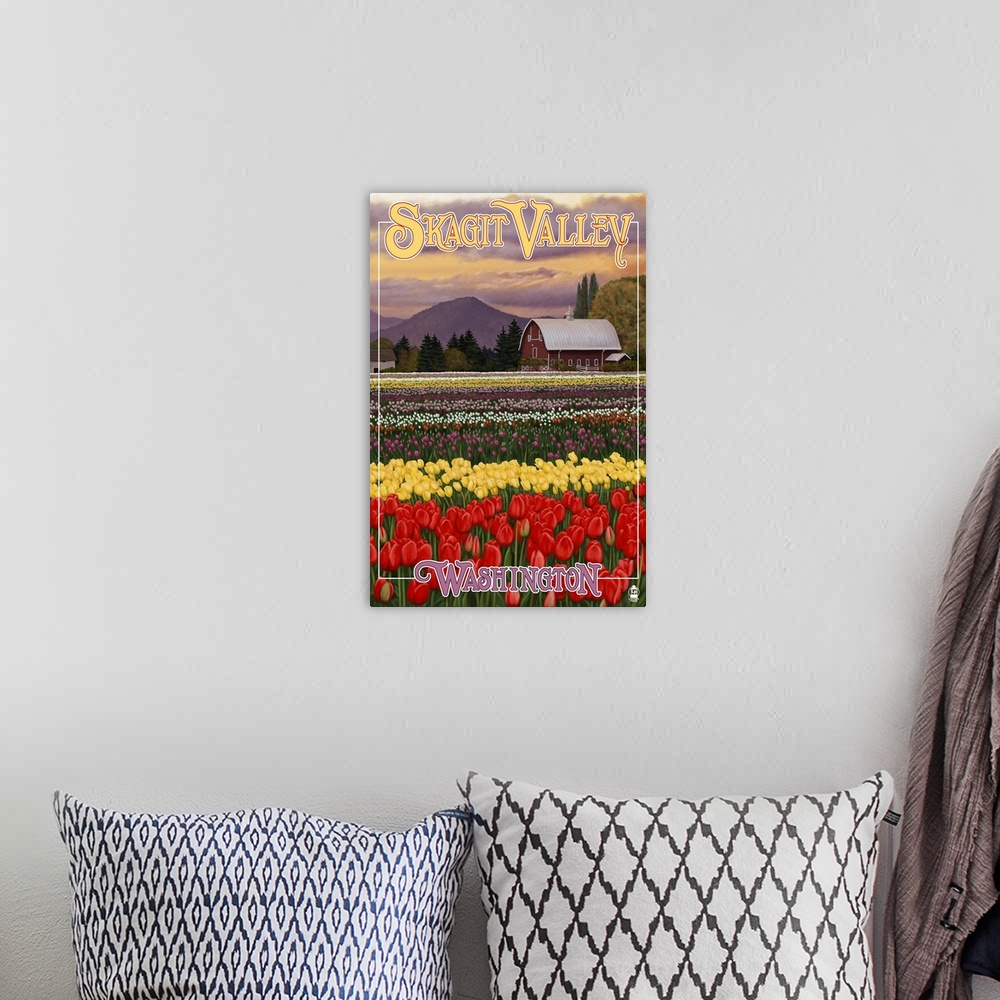 A bohemian room featuring Skagit Valley - Tulip Fields: Retro Travel Poster