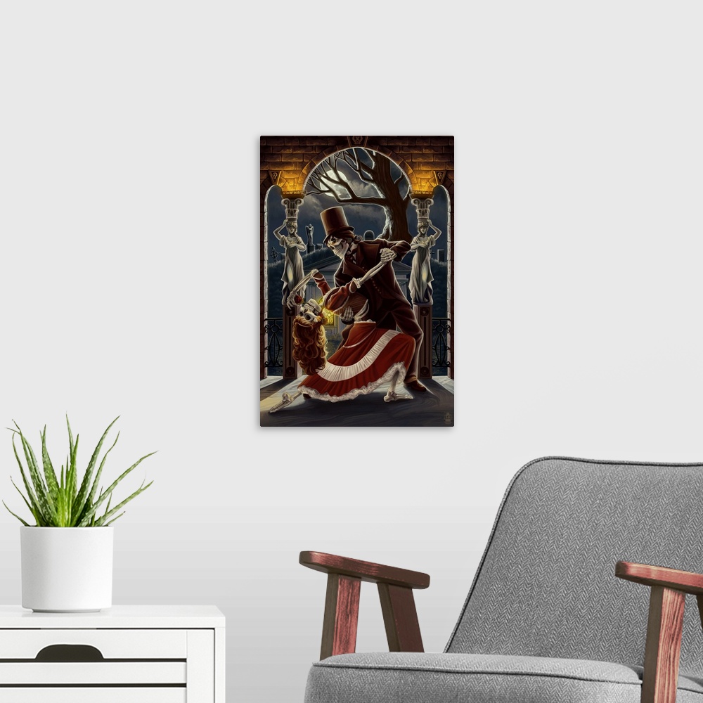 A modern room featuring Skeletons Dancing in Graveyard: Retro Travel Poster