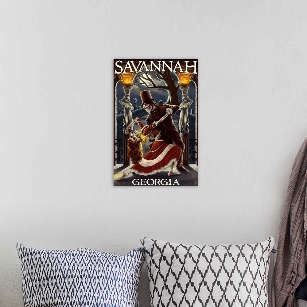 A bohemian room featuring Skeletons Dancing - Savannah, Georgia: Retro Travel Poster