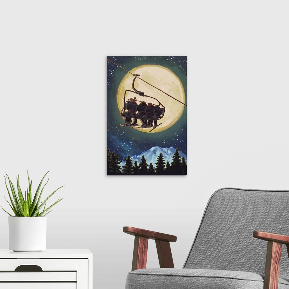 A modern room featuring Ski Lift and Full Moon: Retro Poster Art