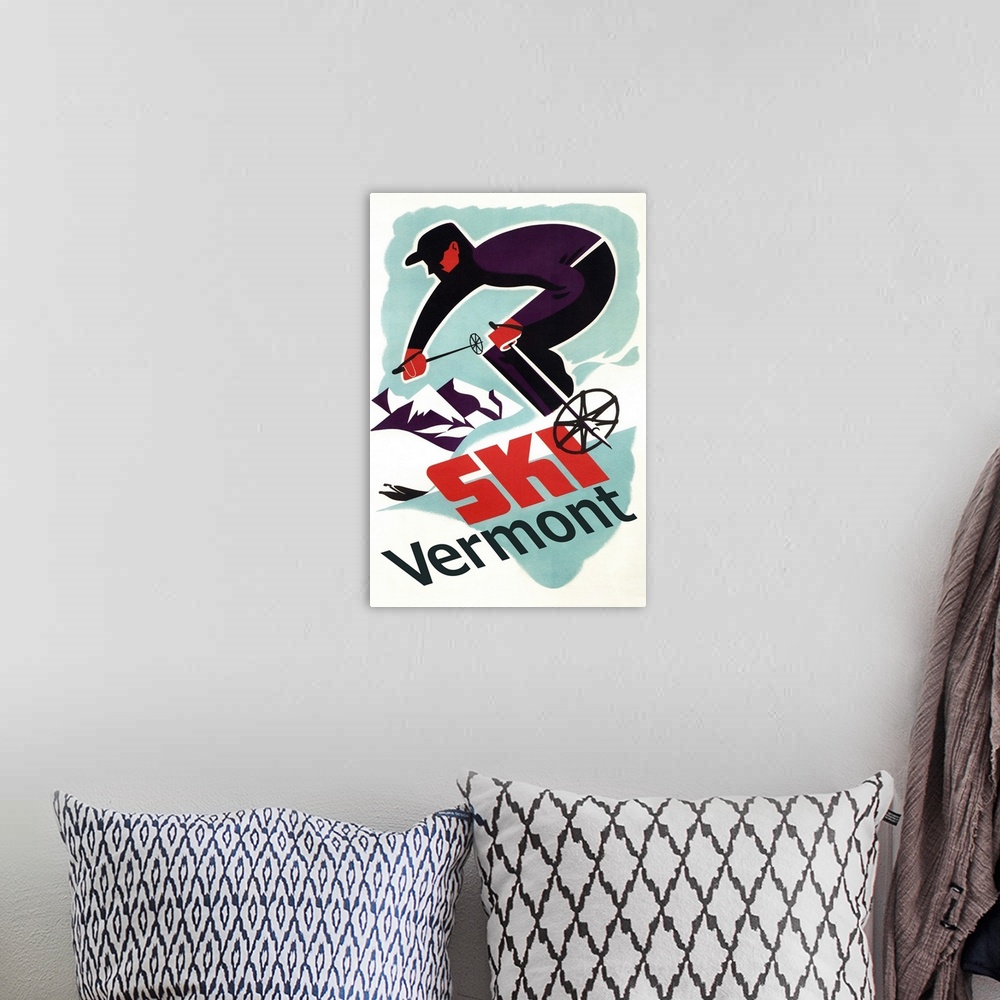 A bohemian room featuring Ski Vermont - Retro Skier: Retro Travel Poster