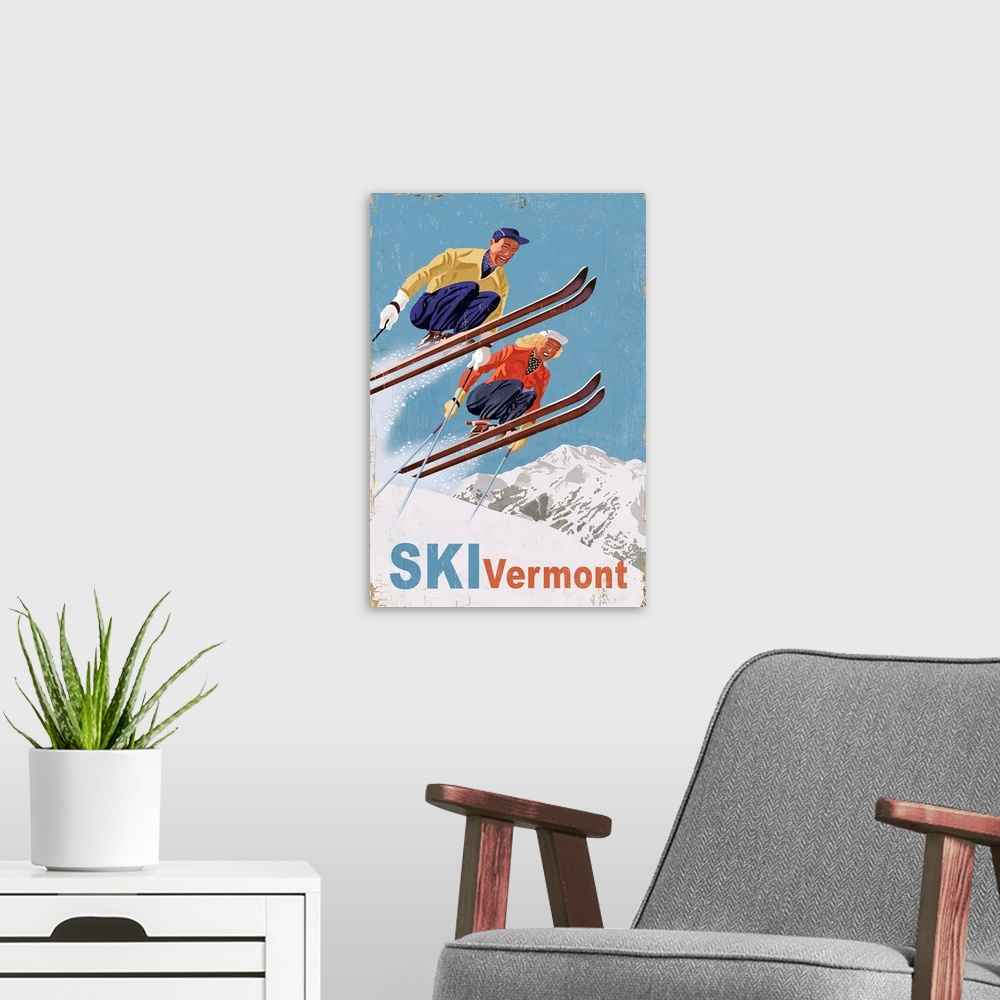 A modern room featuring Ski Vermont, Vintage Skiers