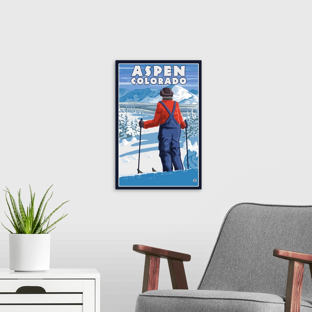 A modern room featuring Skier Admiring - Aspen, Colorado: Retro Travel Poster