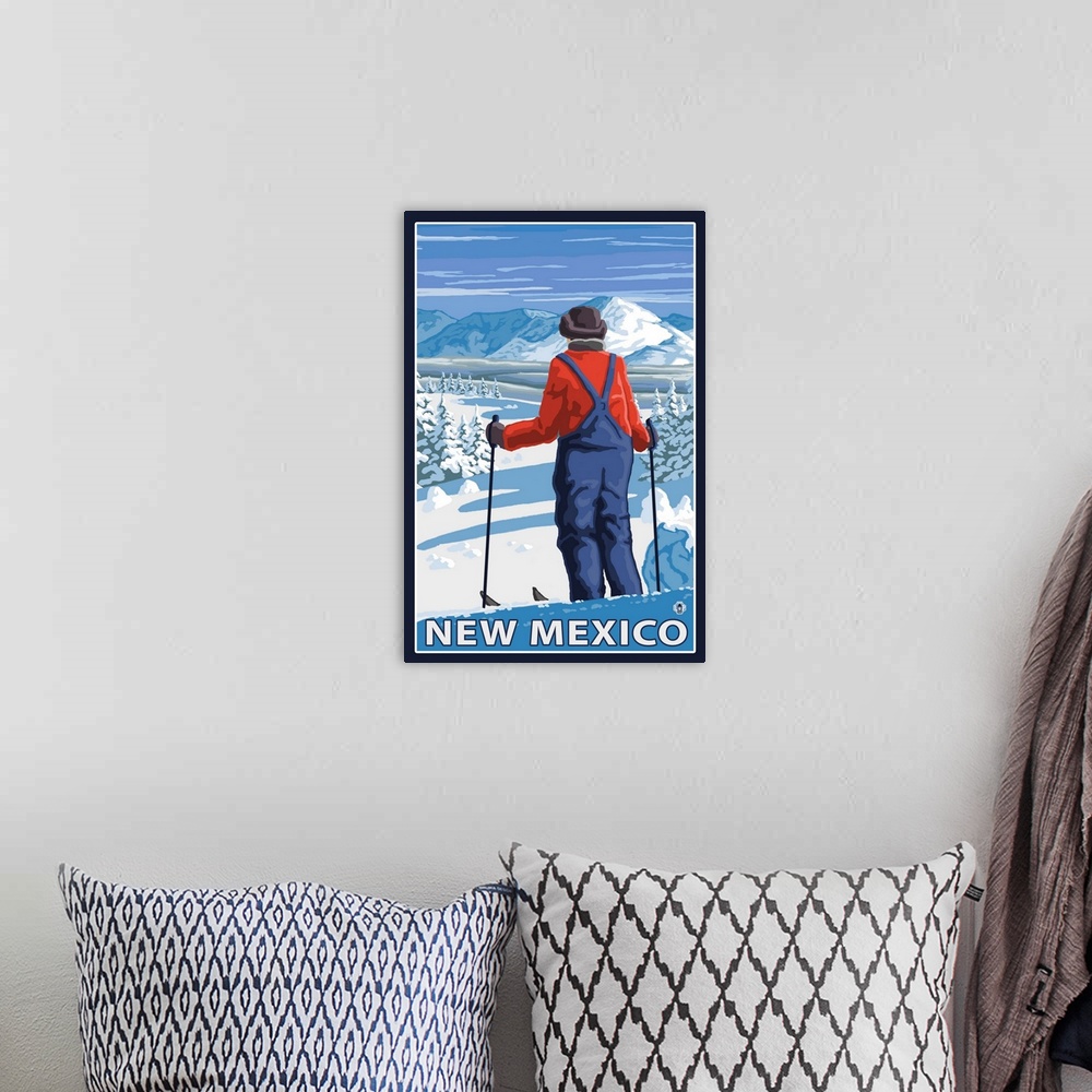 A bohemian room featuring Skier Admiring - New Mexico: Retro Travel Poster