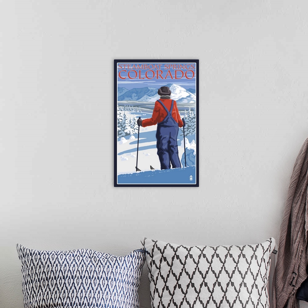 A bohemian room featuring Skier Admiring - Steamboat Springs, Colorado: Retro Travel Poster