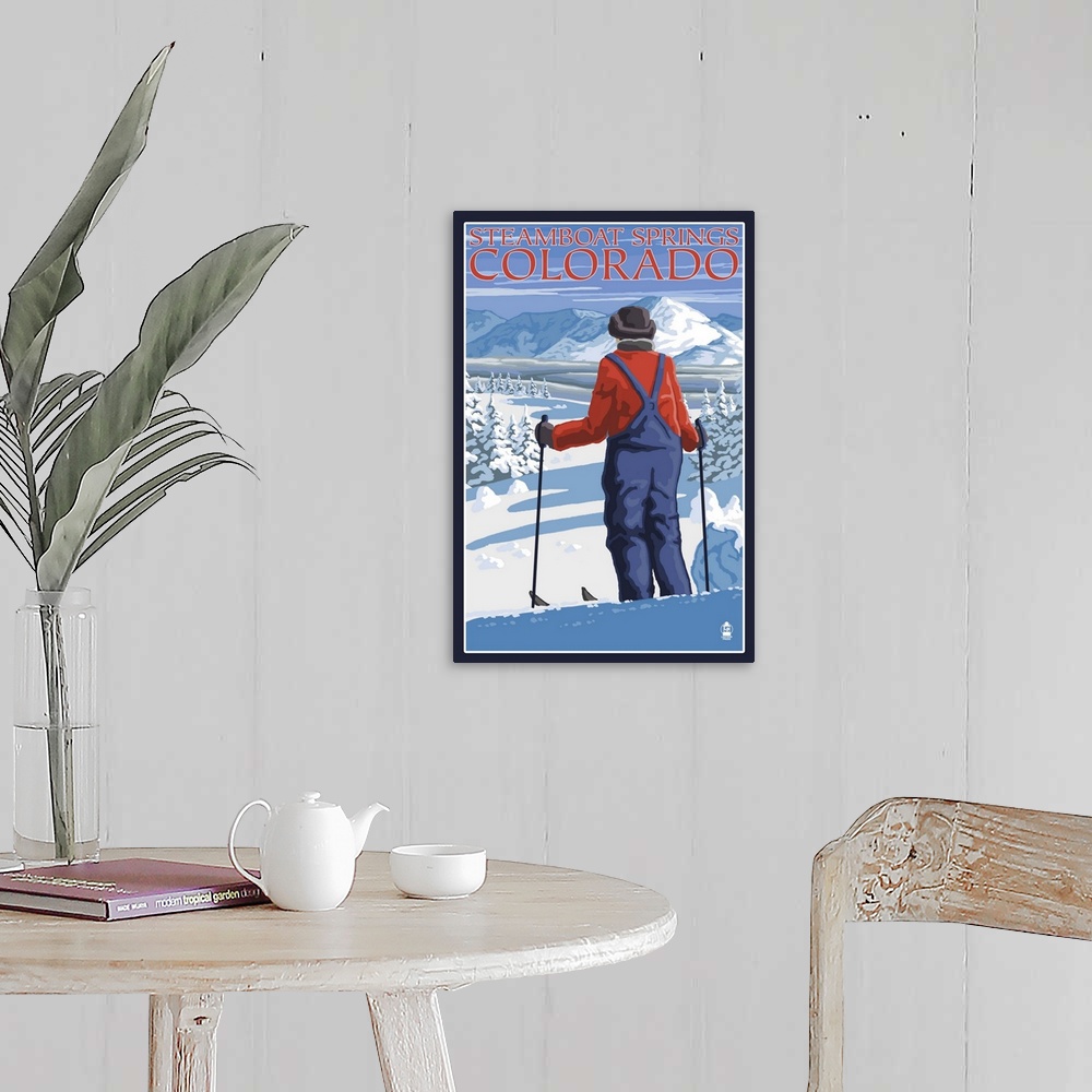 A farmhouse room featuring Skier Admiring - Steamboat Springs, Colorado: Retro Travel Poster