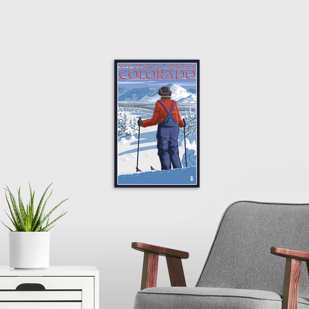 A modern room featuring Skier Admiring - Steamboat Springs, Colorado: Retro Travel Poster
