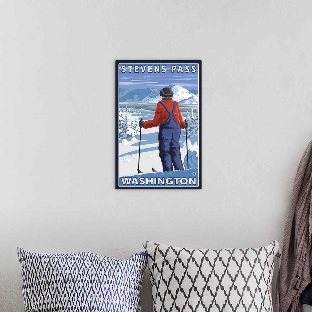 A bohemian room featuring Skier Admiring - Stevens Pass, Washington: Retro Travel Poster