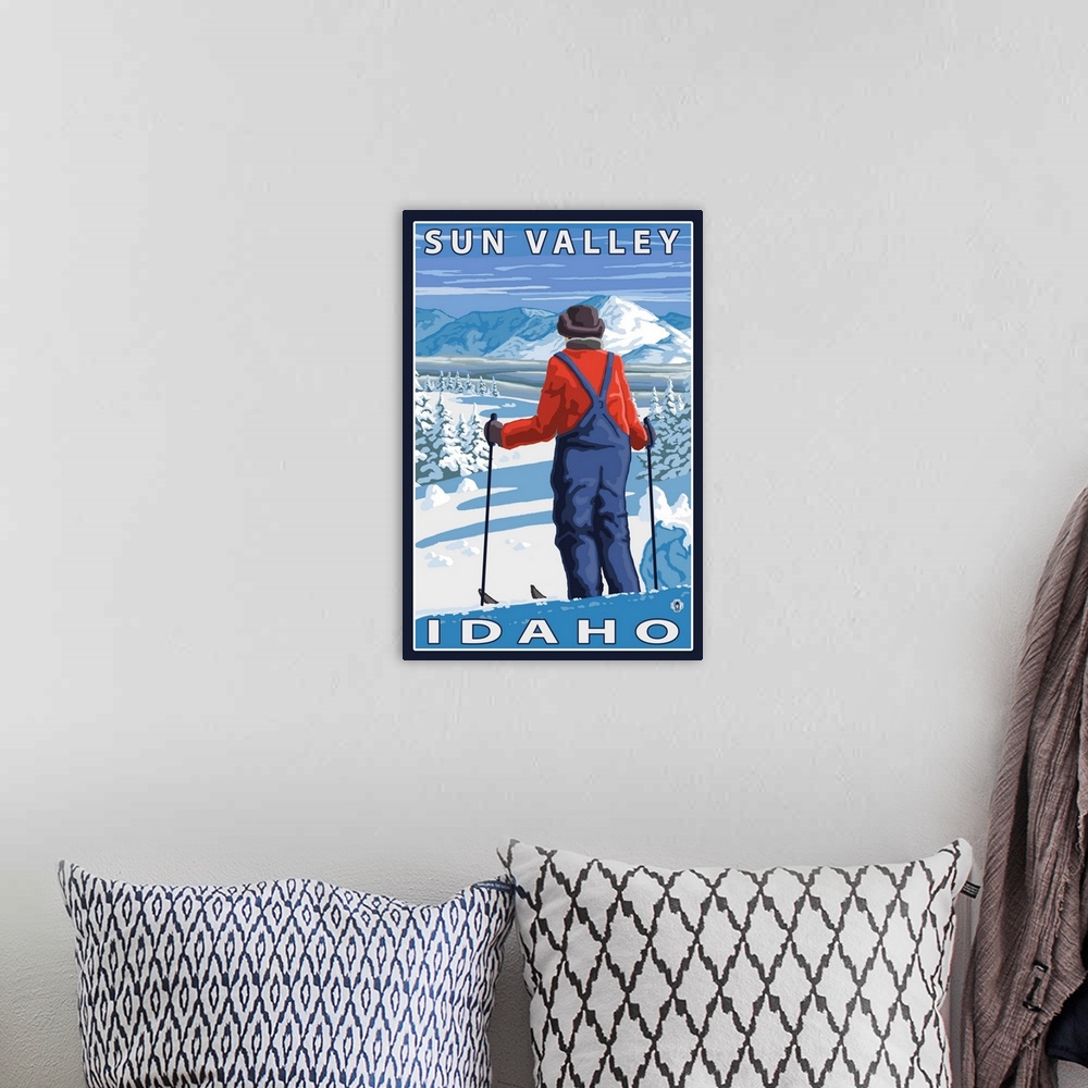 A bohemian room featuring Skier Admiring - Sun Valley, Idaho: Retro Travel Poster
