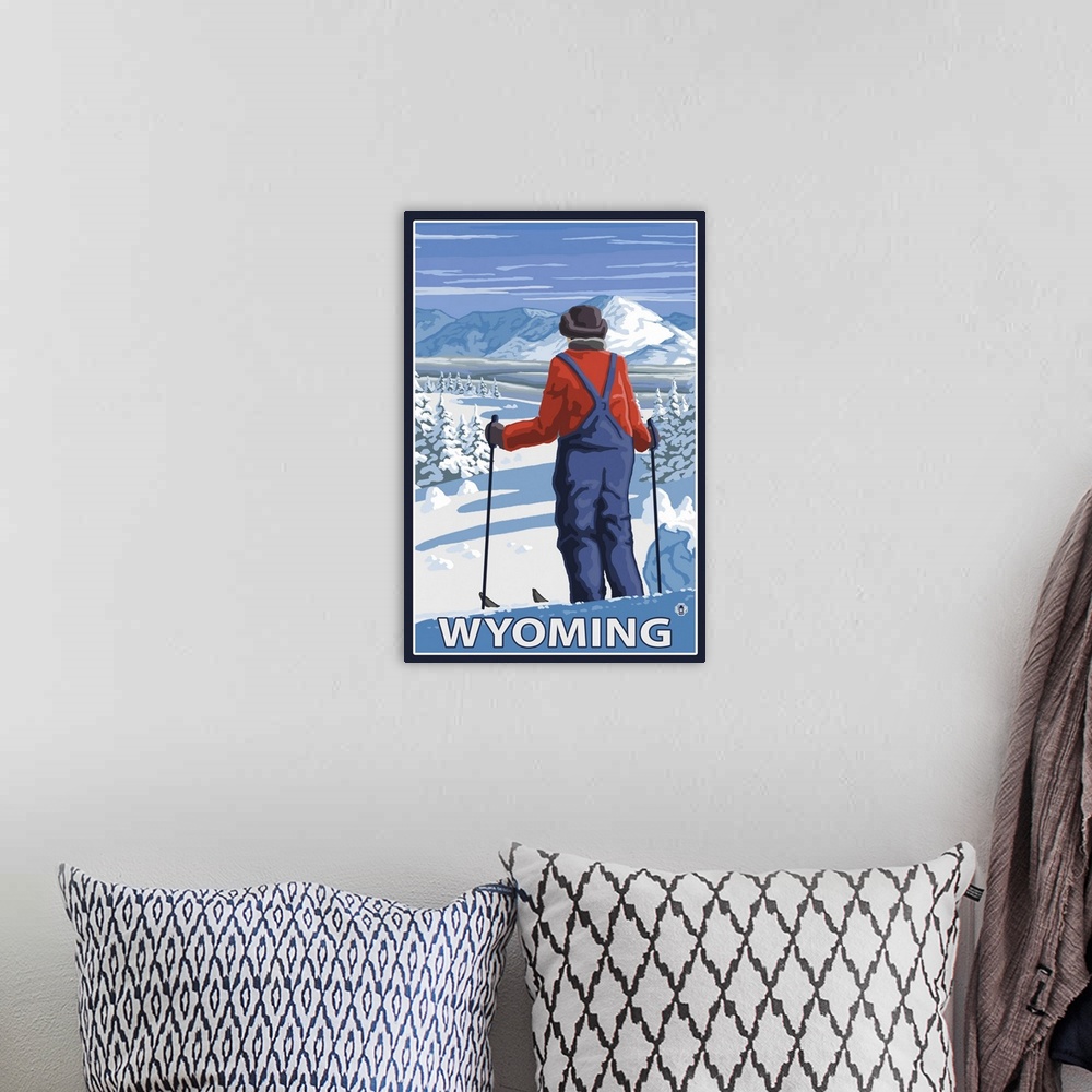 A bohemian room featuring Skier Admiring - Wyoming: Retro Travel Poster