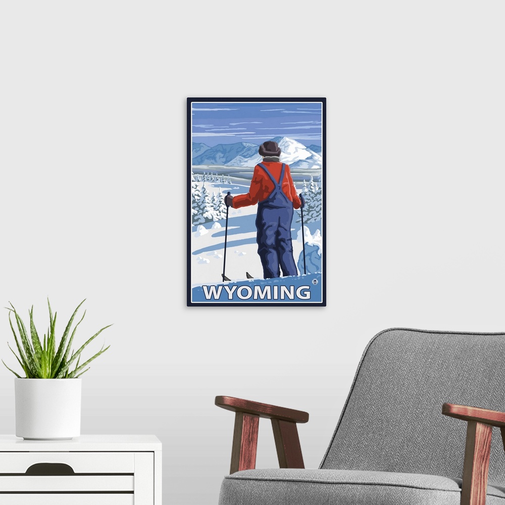 A modern room featuring Skier Admiring - Wyoming: Retro Travel Poster