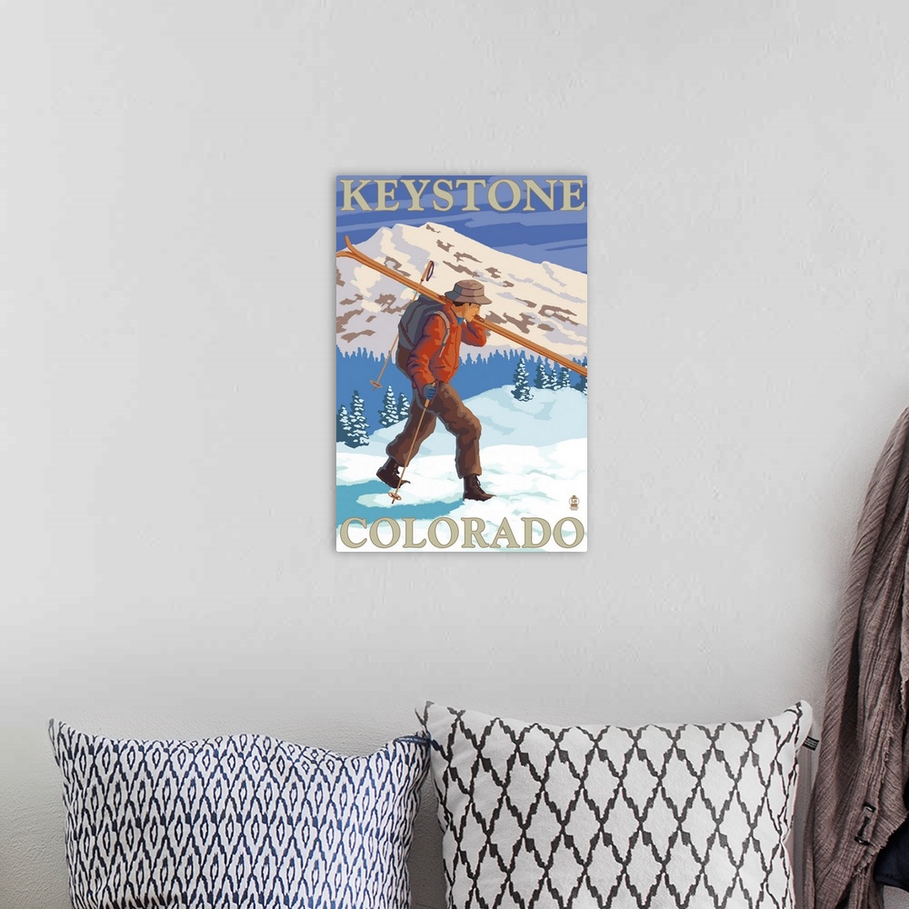 A bohemian room featuring Skier Carrying - Keystone, Colorado: Retro Travel Poster