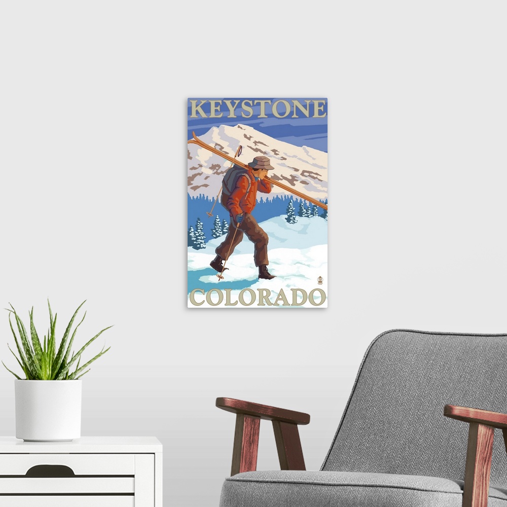 A modern room featuring Skier Carrying - Keystone, Colorado: Retro Travel Poster