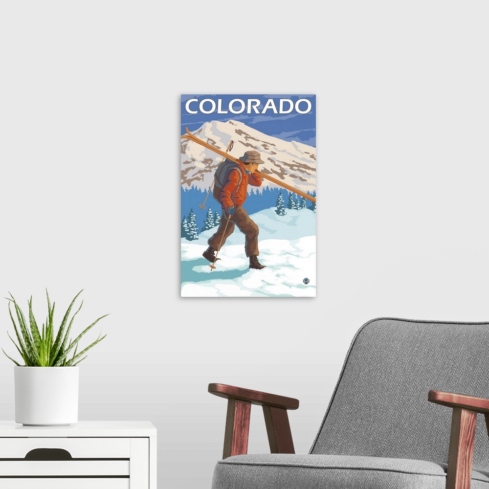 A modern room featuring Skier Carrying Skis - Colorado: Retro Travel Poster