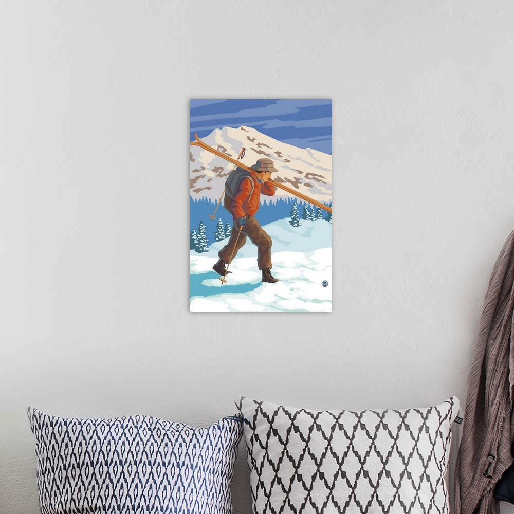 A bohemian room featuring Retro stylized art poster of a skier carrying skies, with a o mountain in the background.