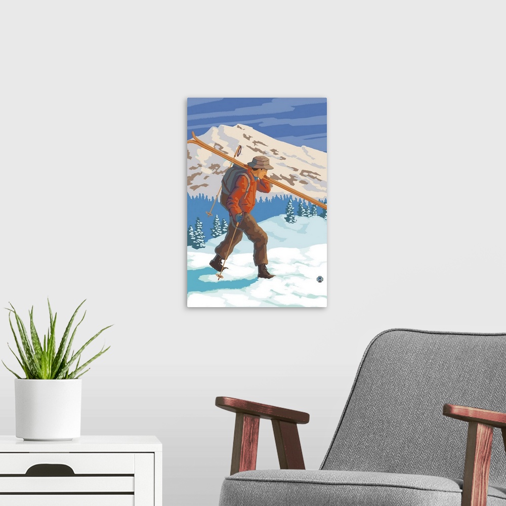 A modern room featuring Retro stylized art poster of a skier carrying skies, with a o mountain in the background.