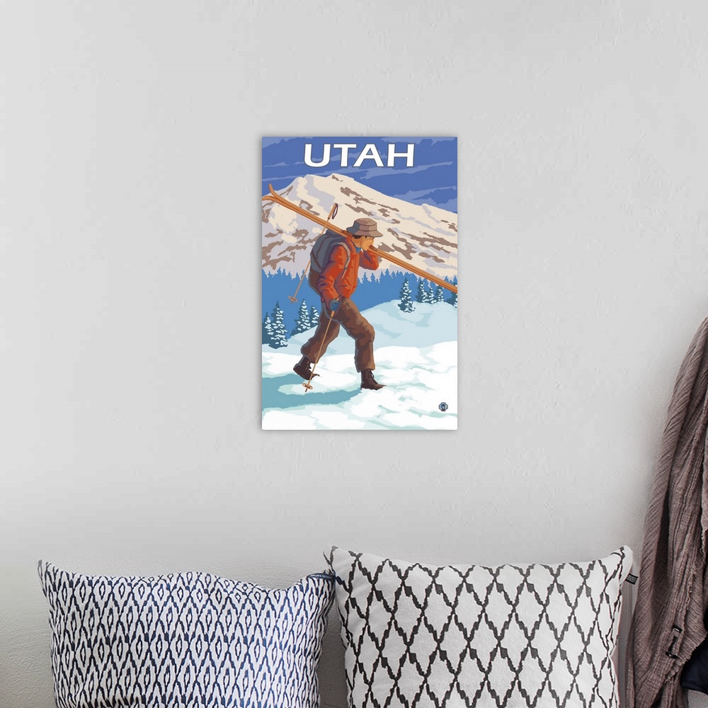 A bohemian room featuring Skier Carrying Skis - Utah: Retro Travel Poster