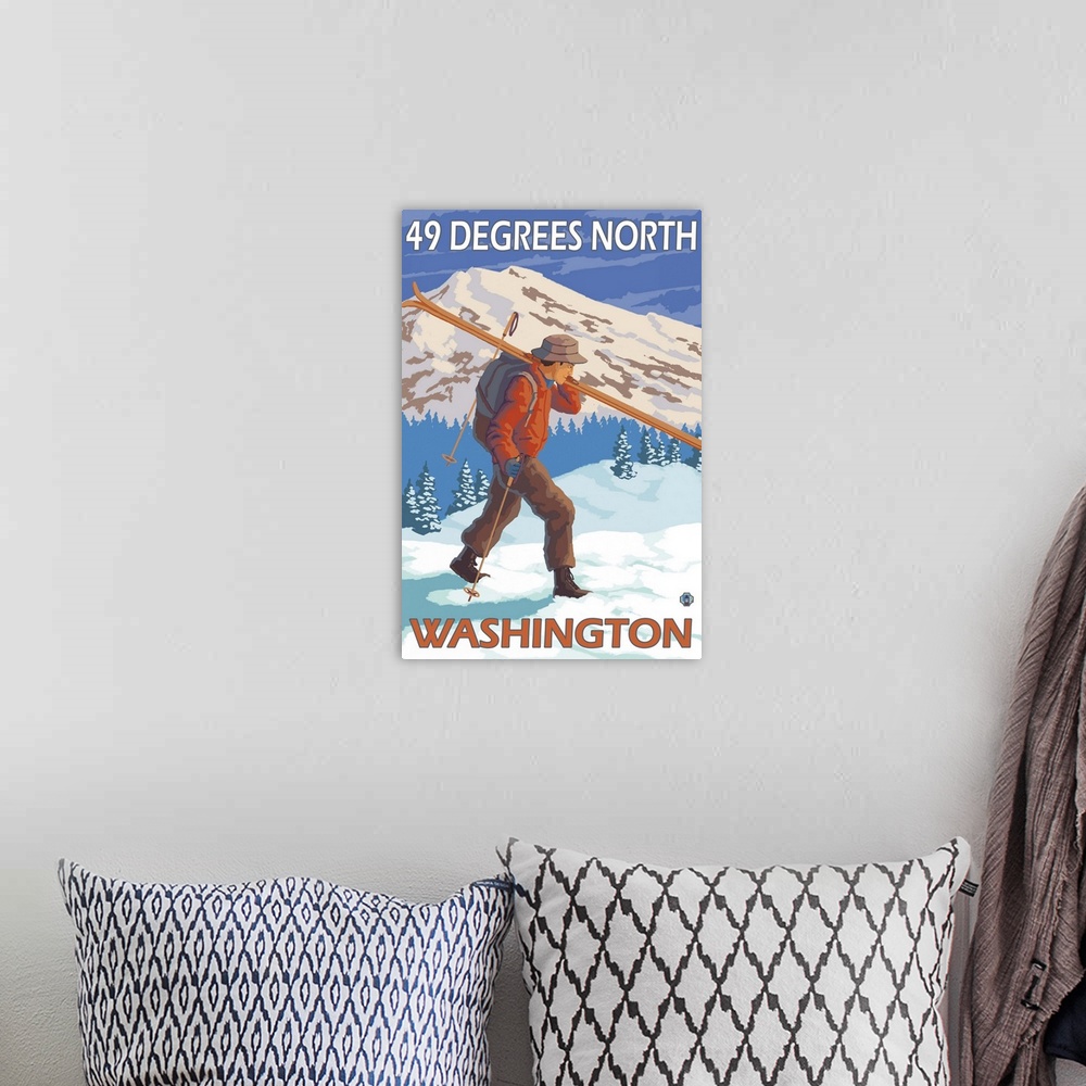A bohemian room featuring Skier Carrying Snow Skis - 49 Degrees North, Washinoton: Retro Travel Poster