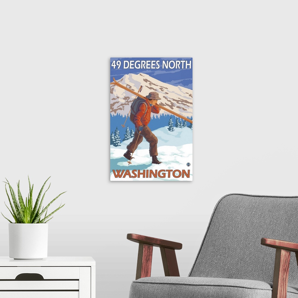 A modern room featuring Skier Carrying Snow Skis - 49 Degrees North, Washinoton: Retro Travel Poster
