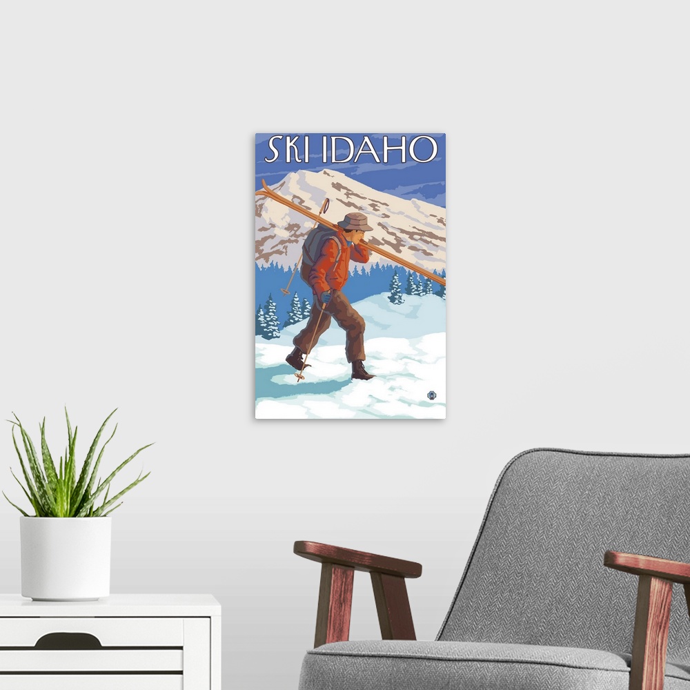 A modern room featuring Skier Carrying Snow Skis - Idaho: Retro Travel Poster