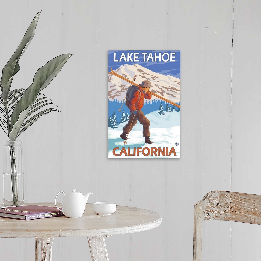 A farmhouse room featuring Skier Carrying Snow Skis - Lake Tahoe, California: Retro Travel Poster