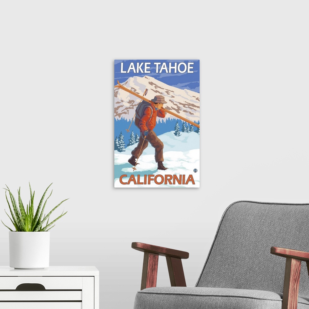 A modern room featuring Skier Carrying Snow Skis - Lake Tahoe, California: Retro Travel Poster