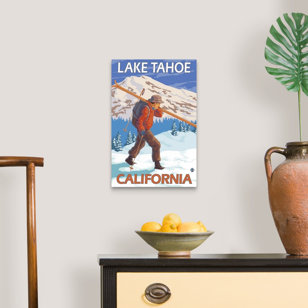 A traditional room featuring Skier Carrying Snow Skis - Lake Tahoe, California: Retro Travel Poster